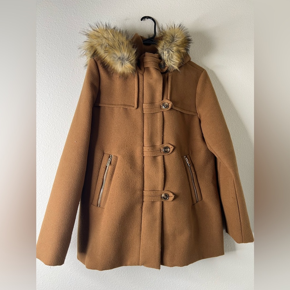 Altar'd State Brown Tan Buttoned Faux Fur Pea Coat